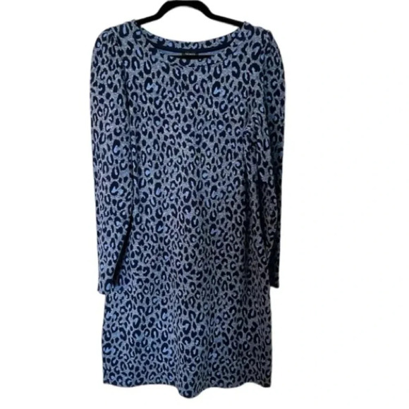Talbots Women’s Long Sleeve Blue Leopard Print Sweatshirt Cotton Dress Sz L GUC - Picture 1 of 8